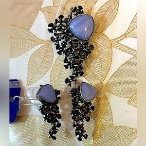 VTG Style Lace  Agate Stone 925 Sterling Silver Jewelry  Earrings And Pendant